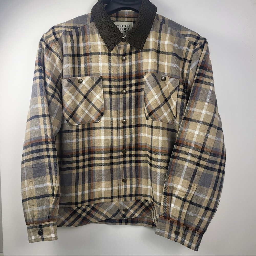 Scotch & Soda Mens XLarge Sherpa Lined Plaid Flannel Snap Jacket Mocha New
